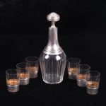 (English) French Silver Decanter with 6 Silver Glasses.
