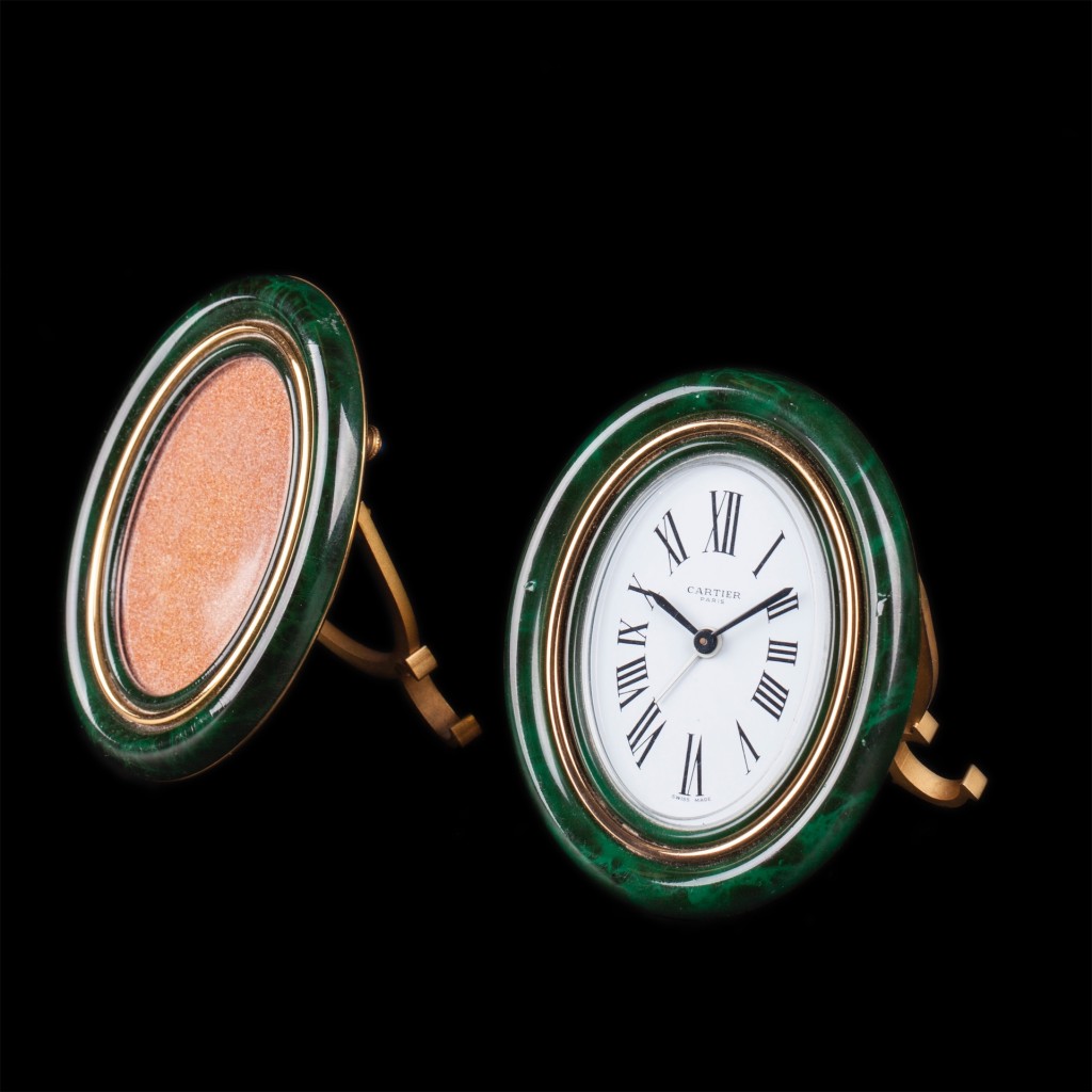 Les Must De Cartier Malachite Petite Picture frame and desk clock.