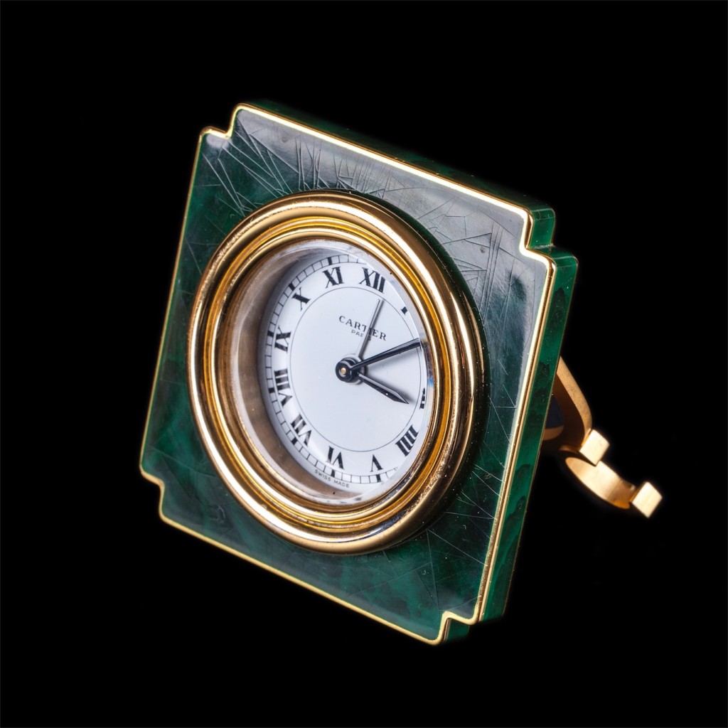 Authentic Cartier malachite desk clock with alarm in a chamois leather box