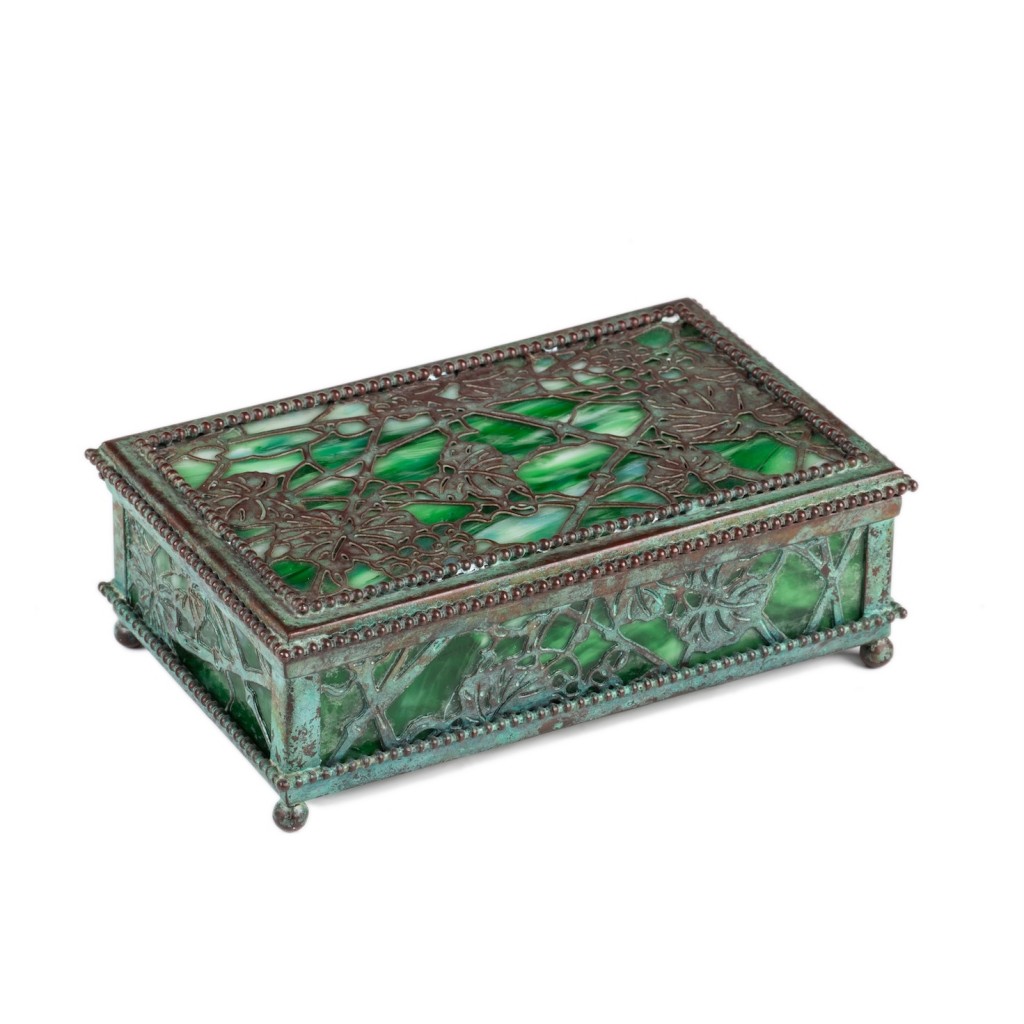 Tiffany box in a twisted carved metal with green glass