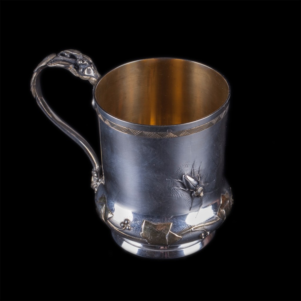 Magnificent antique silver cup applied with a bug