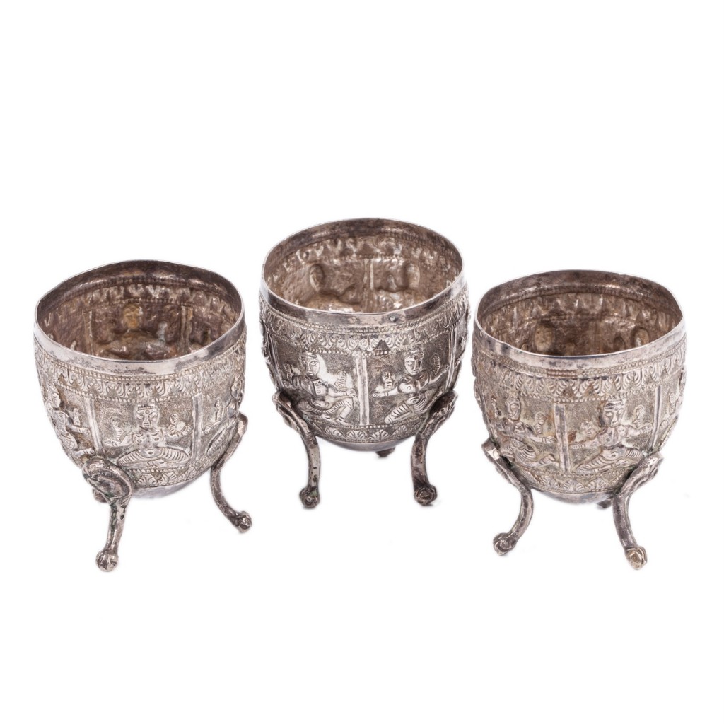 Antique silver egg-cups. 3 pieces. Indo-China, French import hallmark