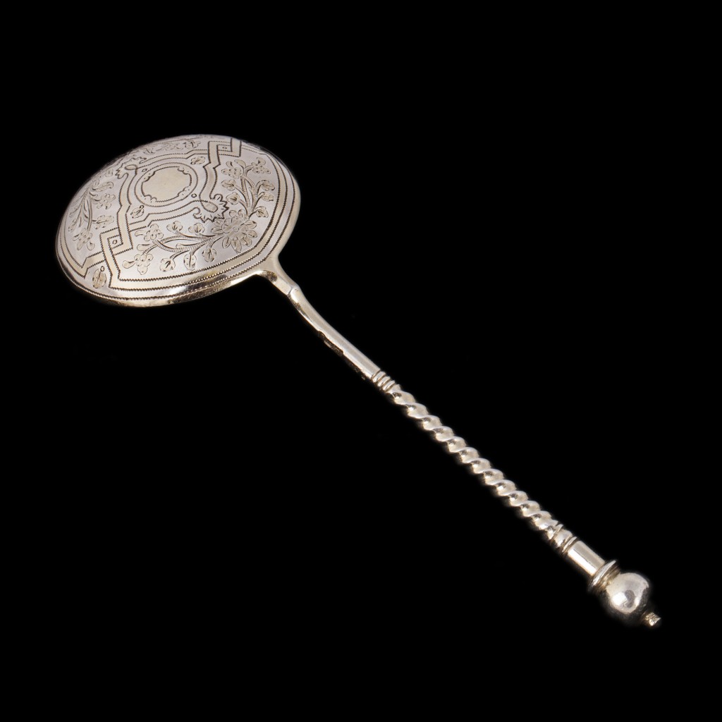 Russian silver-gilt and engraving jam spoon. Moscow, 1881