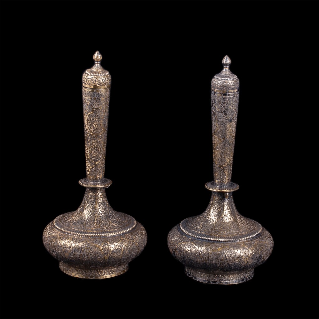 A pair of Kashmir silver surahi water flasks