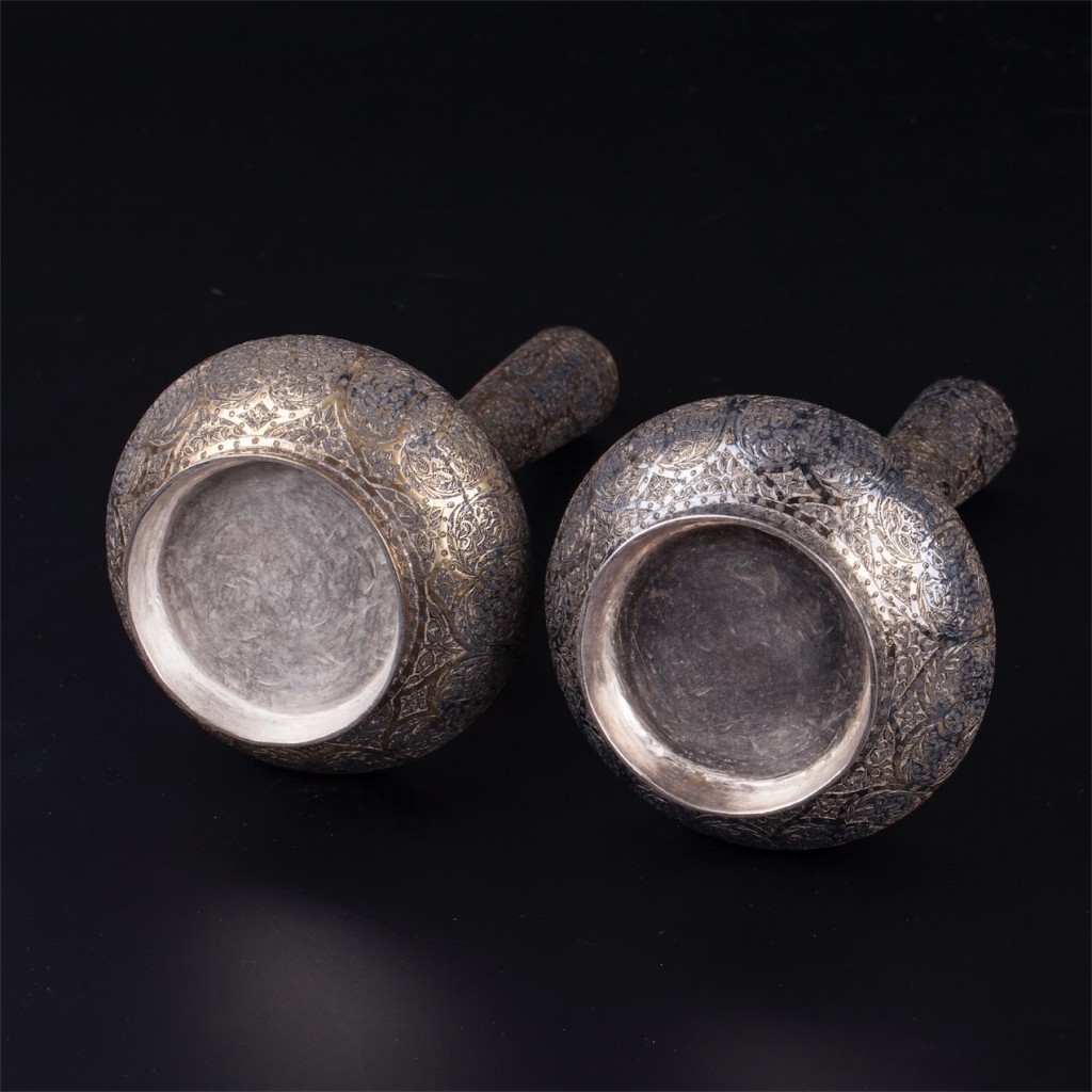A pair of Kashmir silver surahi water flasks