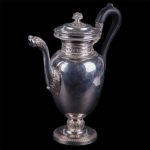 Antique silver coffee pot with wooden handle. Belgium