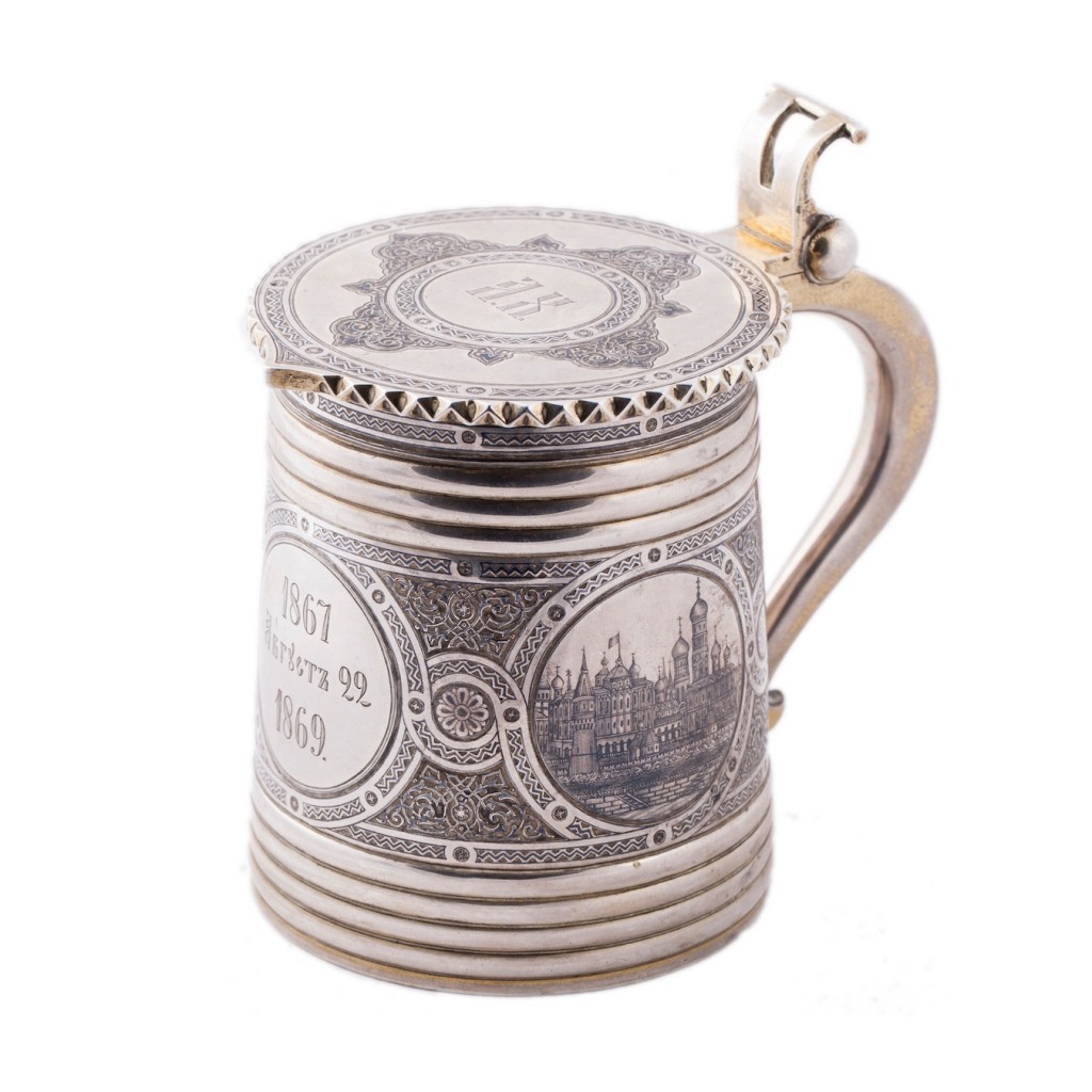 Russian silver-gilt and niello tankard with Moscow Kremlin