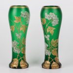 (English) Antique green matt glass pair of vases with flower motives — изображение 2