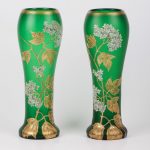 (English) Antique green matt glass pair of vases with flower motives