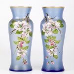 Antique magnificent blue glass pair of vases with apple tree motives