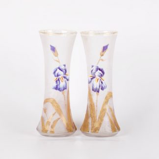 Pair of beautiful vases with iris enamel flower. French. Painting, enamel, glass.
