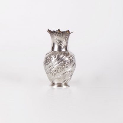 Antique French silver small vase with flower engraved motives. "L. Lapar ", Paris.