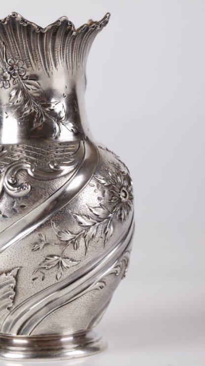 Antique French silver small vase with flower engraved motives. "L. Lapar ", Paris.