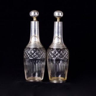 Antique French pair of carafe. Silver, Minerva, glass.