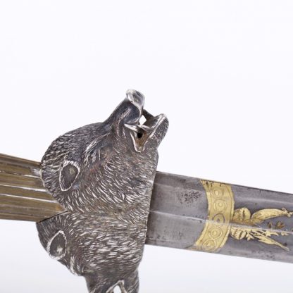 Extremely Rare French Gilded Damascus Hunting Knife in silver mounting belonged to the Earl