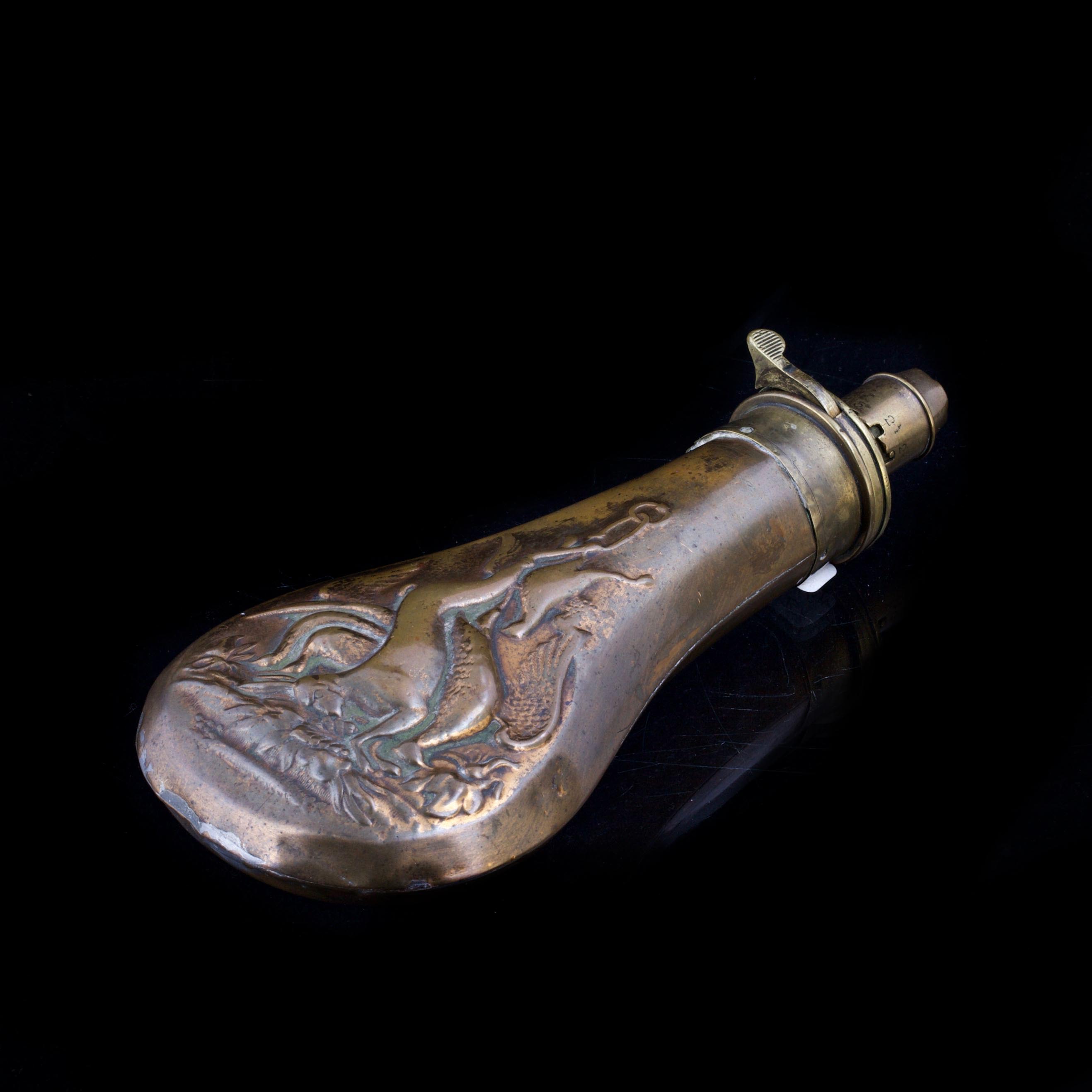 Antique hunter copper pistol gun powder bottle flask - Antique