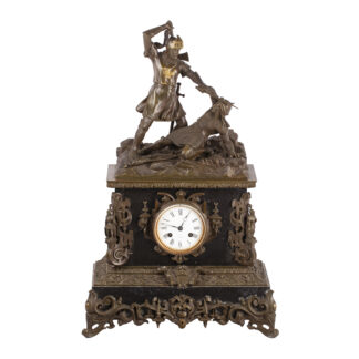 Antique large mantel clock made of bronze and black marble depicting a battle between a crusader and a Turk or Moor.