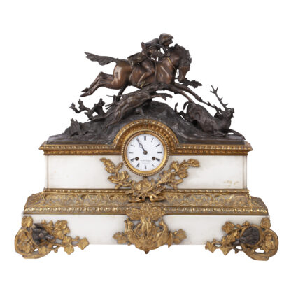 A nice detailed with hunting scene Antique Mantel clock with double patina and marble. Enamel dial and mechanism signed R. Bouvier Bruxelles.