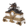 A nice detailed with hunting scene Antique Mantel clock with double patina and marble. Enamel dial and mechanism signed R. Bouvier Bruxelles.