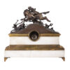 A nice detailed with hunting scene Antique Mantel clock with double patina and marble. Enamel dial and mechanism signed R. Bouvier Bruxelles.