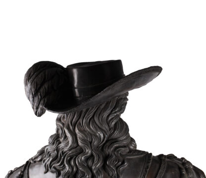Bronze sculpture of a musketeer in full human growth. Very detailed and well made.