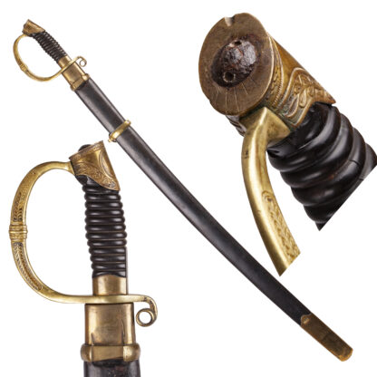 Model 1881/1909 Imperial Russian Dragoon Officer Sword.  Brass, leather scabbard. The sword has the monogram of Emperor Nicholas II and double headed eagle. The Nikolas II momgram was removed from the handle, so it means that it was used at the Provisional goverment time.