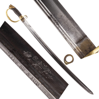 Model 1881/1909 Imperial Russian Dragoon Officer Sword.  Brass, leather scabbard. The sword has the monogram of Emperor Nicholas II and double headed eagle. The Nikolas II momgram was removed from the handle, so it means that it was used at the Provisional goverment time.