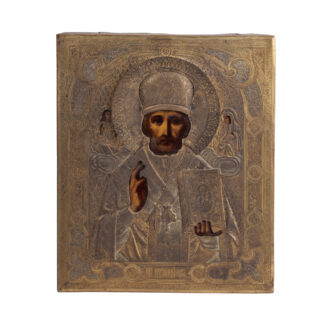 An Antique Russian Orthodox Icon of Saint Nicholas with unusual riza