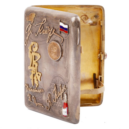 A Russian silver-gilt cigarette case with gold, enamel badges and 5 gold rubles - Image 2