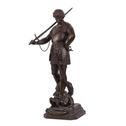 A bronze sculpture of St. George slaying the dragon signed by the artist “Emile Picault”