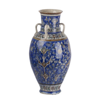 19th-century Qajar Persian underglaze-painted pottery vase with cobalt blue floral decoration