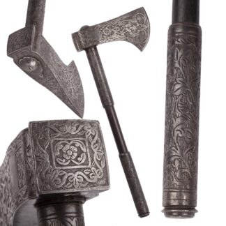 19th-century Indo-Persian tabarzin saddle axe in engraved steel with crescent-shaped blade