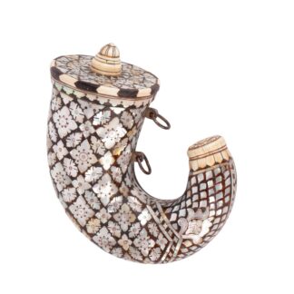 19th-century Indian Barutdan powder flask with mother-of-pearl inlay and brass spout
