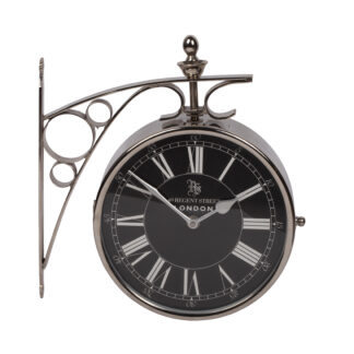 vintage-style double-sided wall clock with black Roman numeral dial and metal bracket