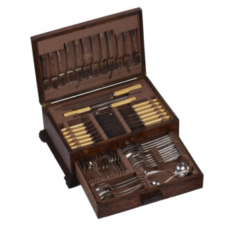 cased silver-plated cutlery service by A E Poston and Co London in wooden canteen box