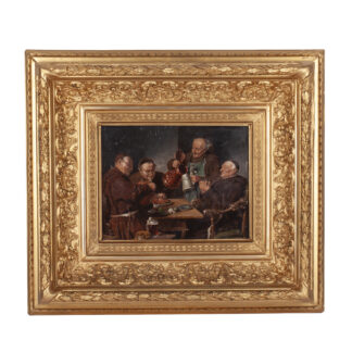 small oil painting after Eduard von Grützner depicting monks drinking and dining