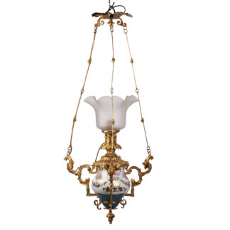 late 19th-century French Napoleon III hanging lamp with painted porcelain body and opaline glass shade