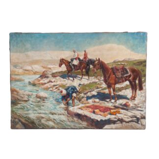 After Franz Roubaud – Circassian Horsemen at a River, Oil on Canvas