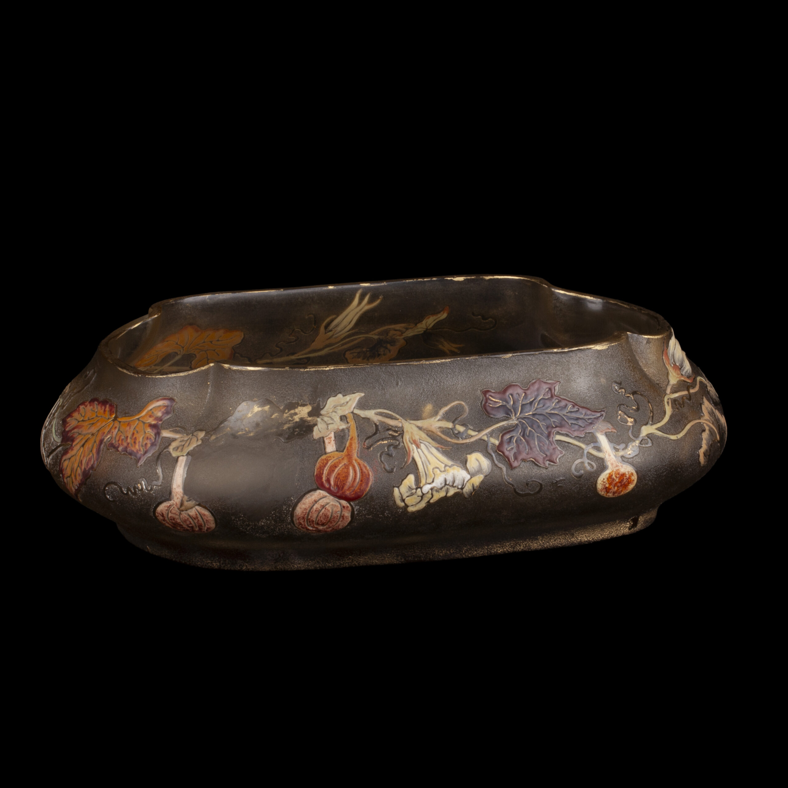Museum-Quality Émile Gallé Art Nouveau Glass Bowl with Pumpkin Vine Decoration, circa 1900