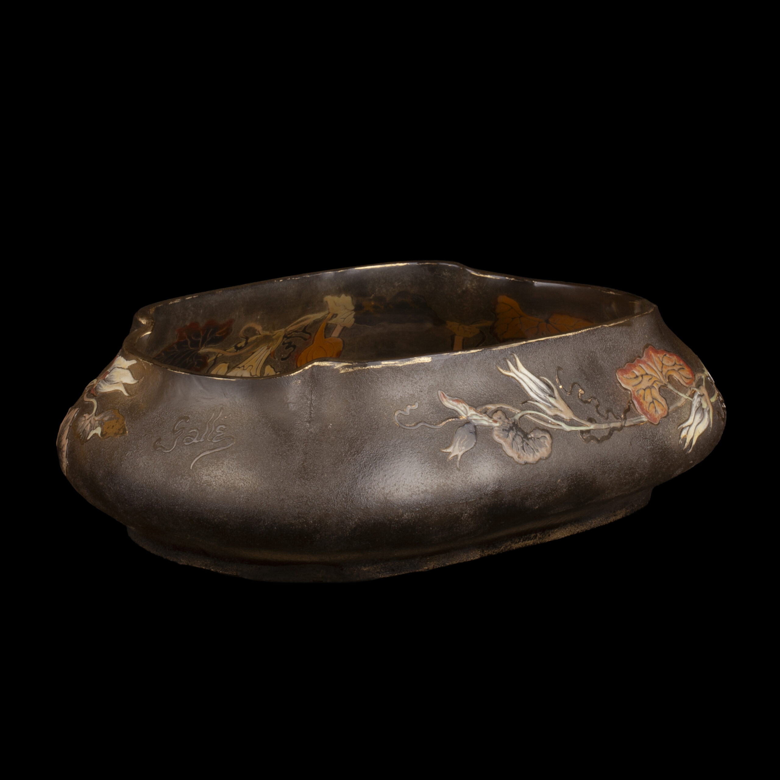 Museum-Quality Émile Gallé Art Nouveau Glass Bowl with Pumpkin Vine Decoration, circa 1900