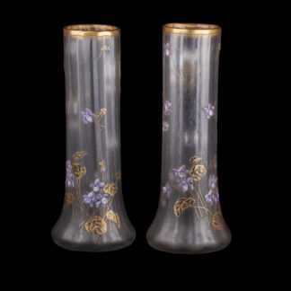 Pair of Legras Art Nouveau Glass Vases with Enamelled Violets, France, circa 1900