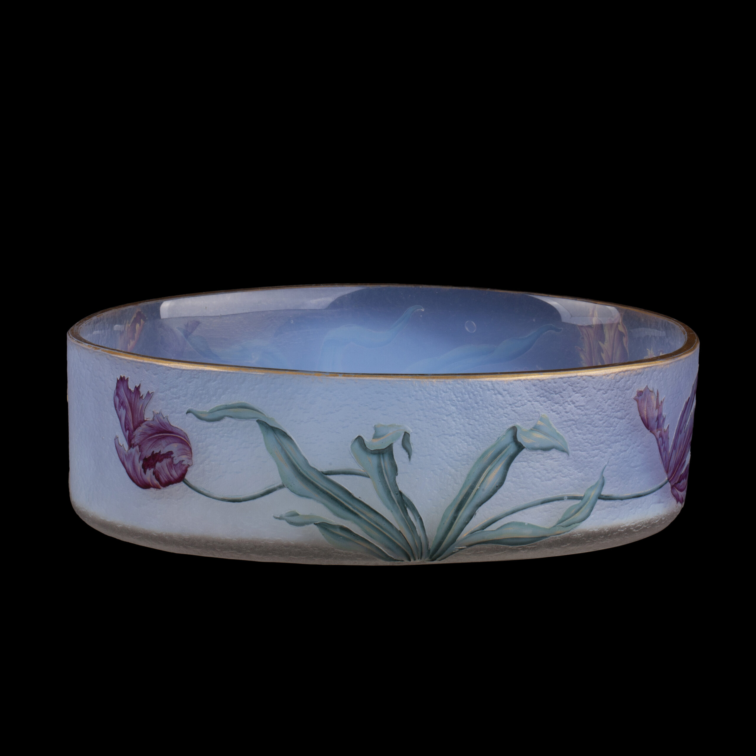 Museum-Quality Daum Nancy Art Nouveau Oval Glass Fruit Bowl with Polychrome Tulips, circa 1900