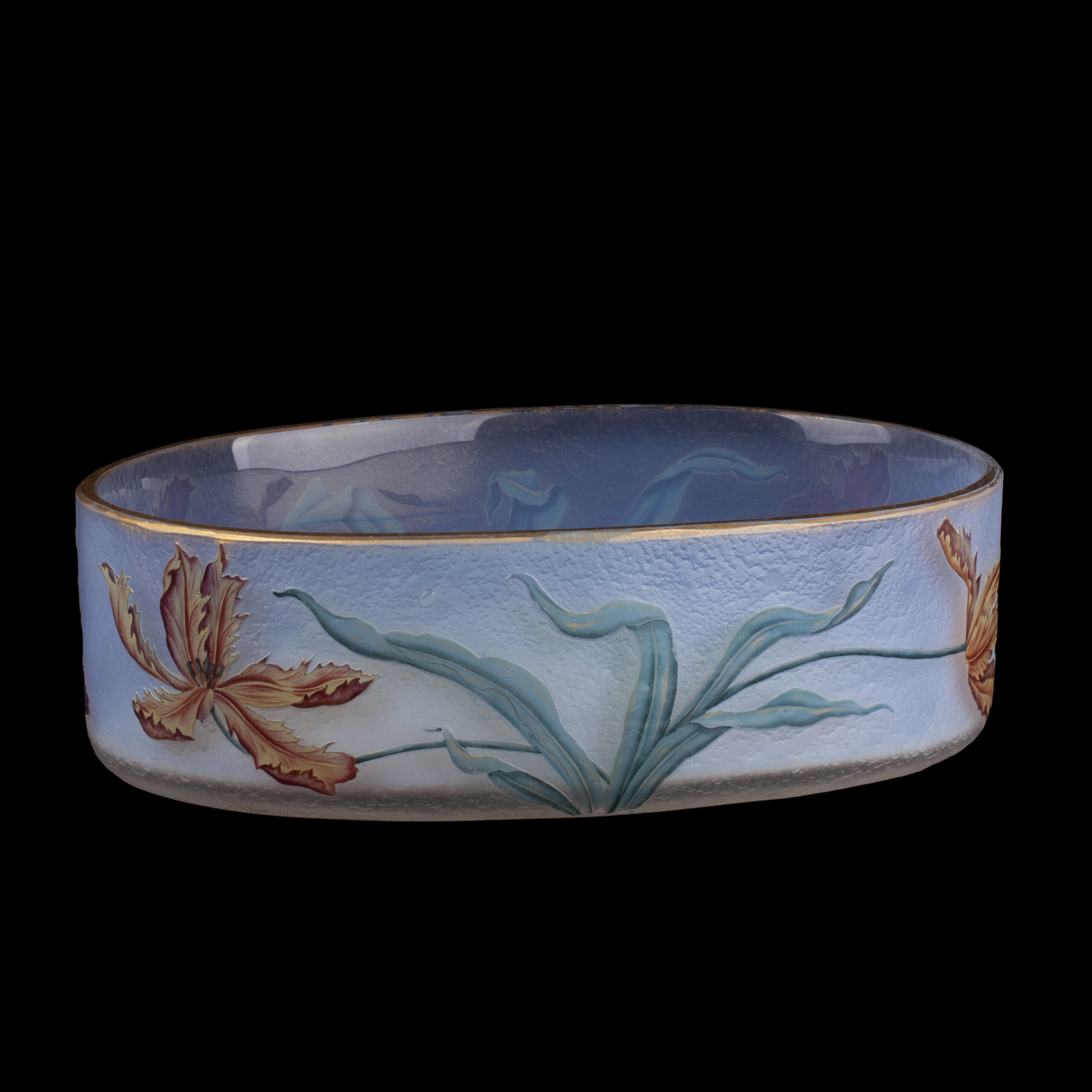Museum-Quality Daum Nancy Art Nouveau Oval Glass Fruit Bowl with Polychrome Tulips, circa 1900