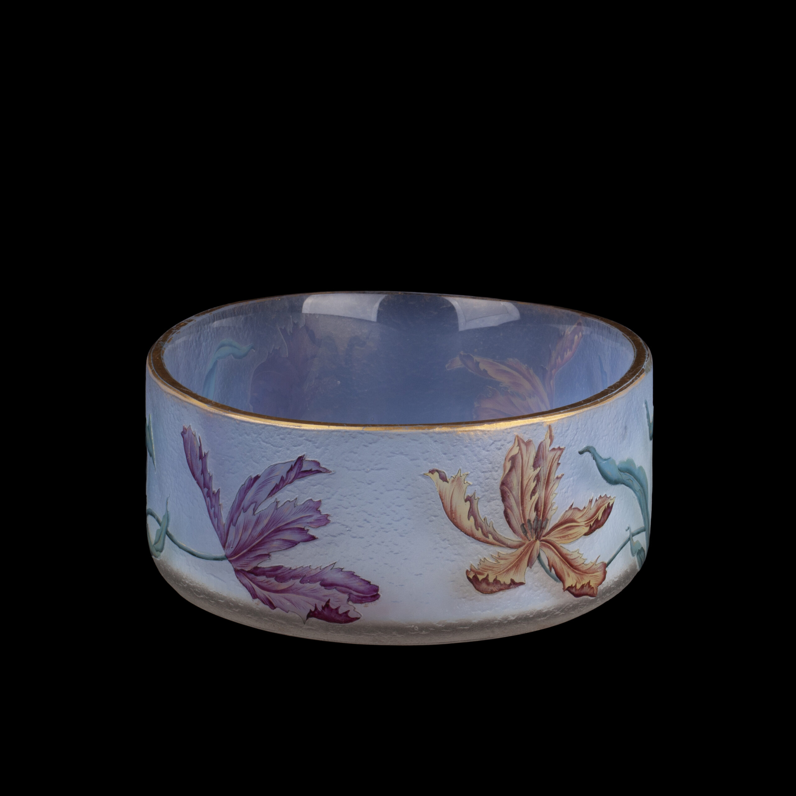 Museum-Quality Daum Nancy Art Nouveau Oval Glass Fruit Bowl with Polychrome Tulips, circa 1900