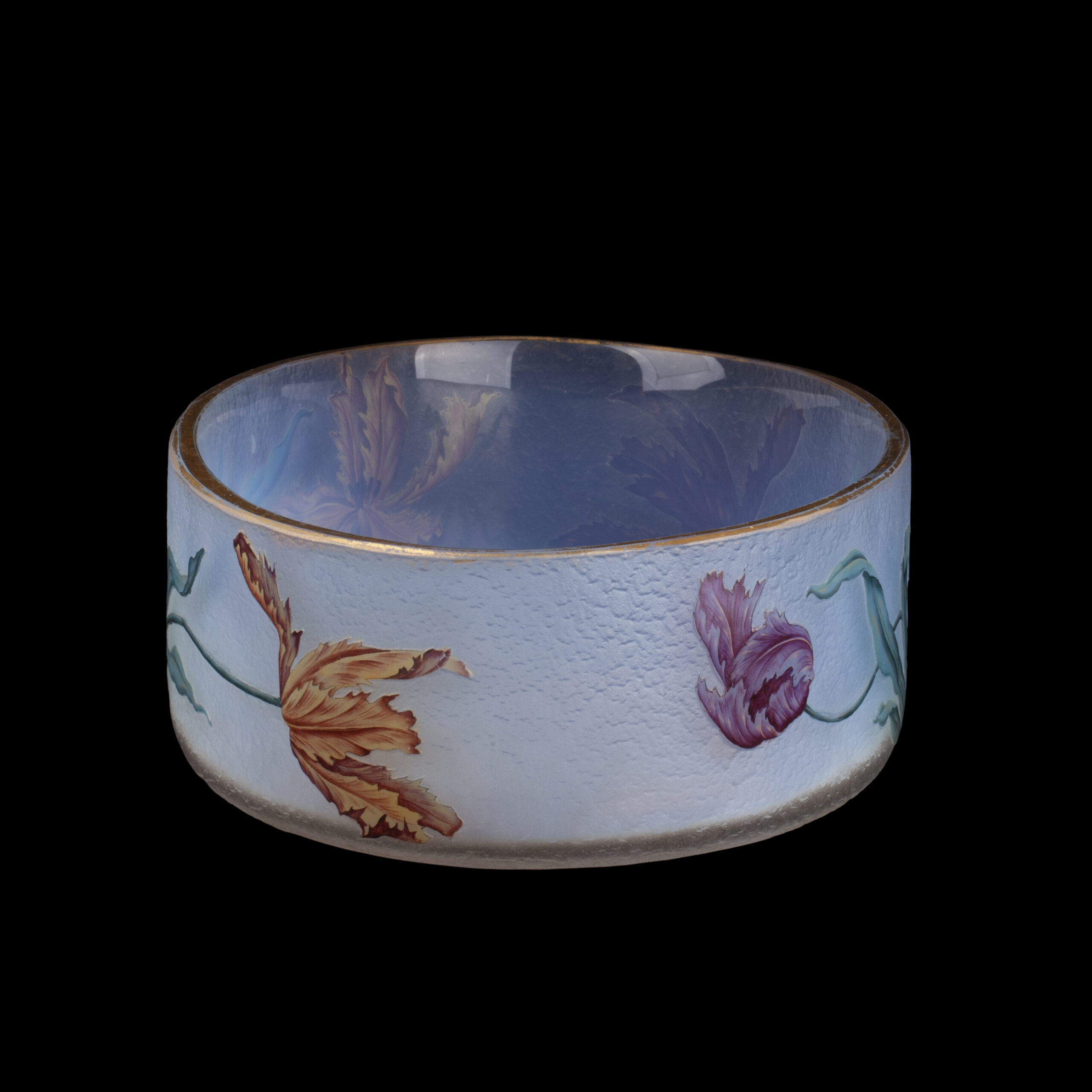 Museum-Quality Daum Nancy Art Nouveau Oval Glass Fruit Bowl with Polychrome Tulips, circa 1900