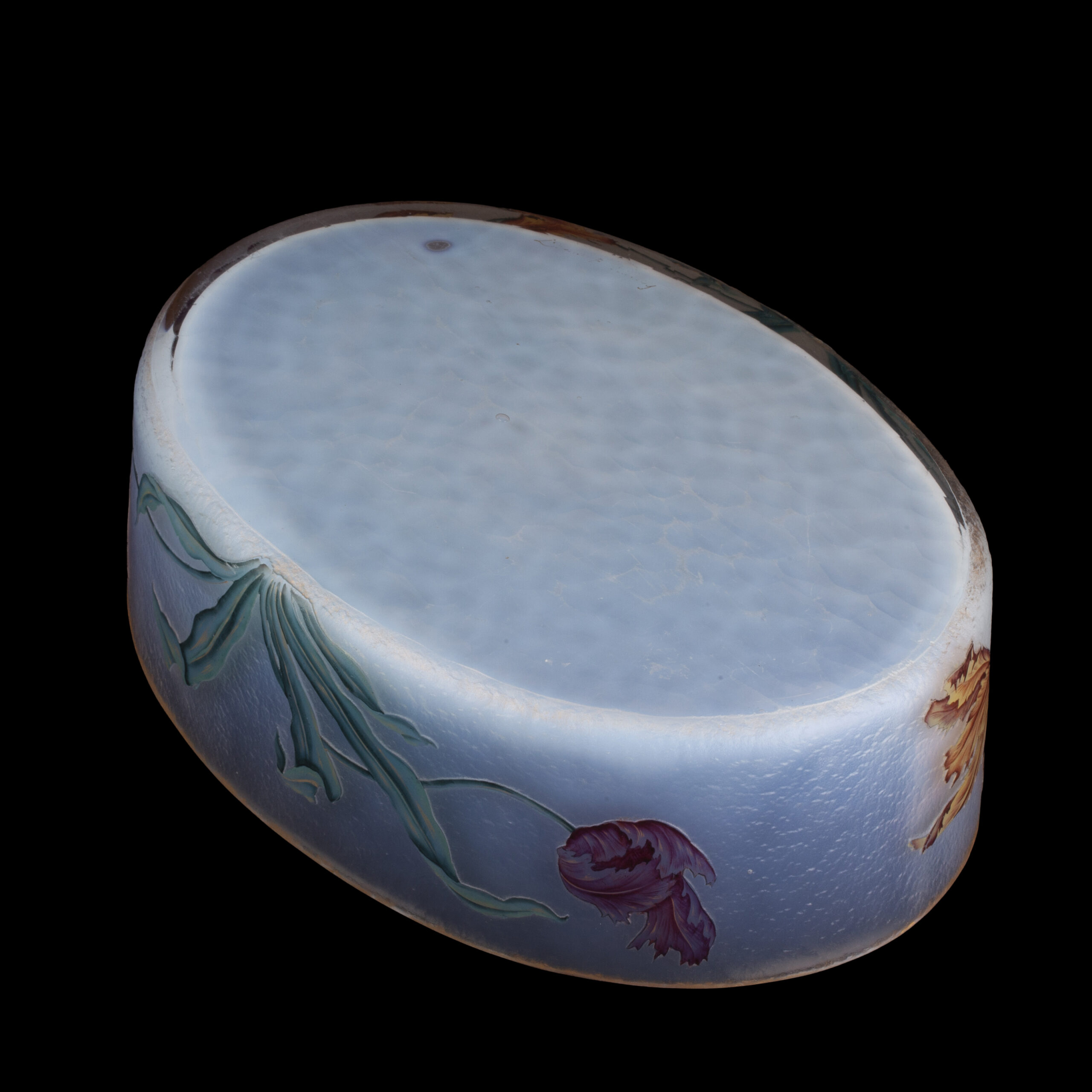 Museum-Quality Daum Nancy Art Nouveau Oval Glass Fruit Bowl with Polychrome Tulips, circa 1900