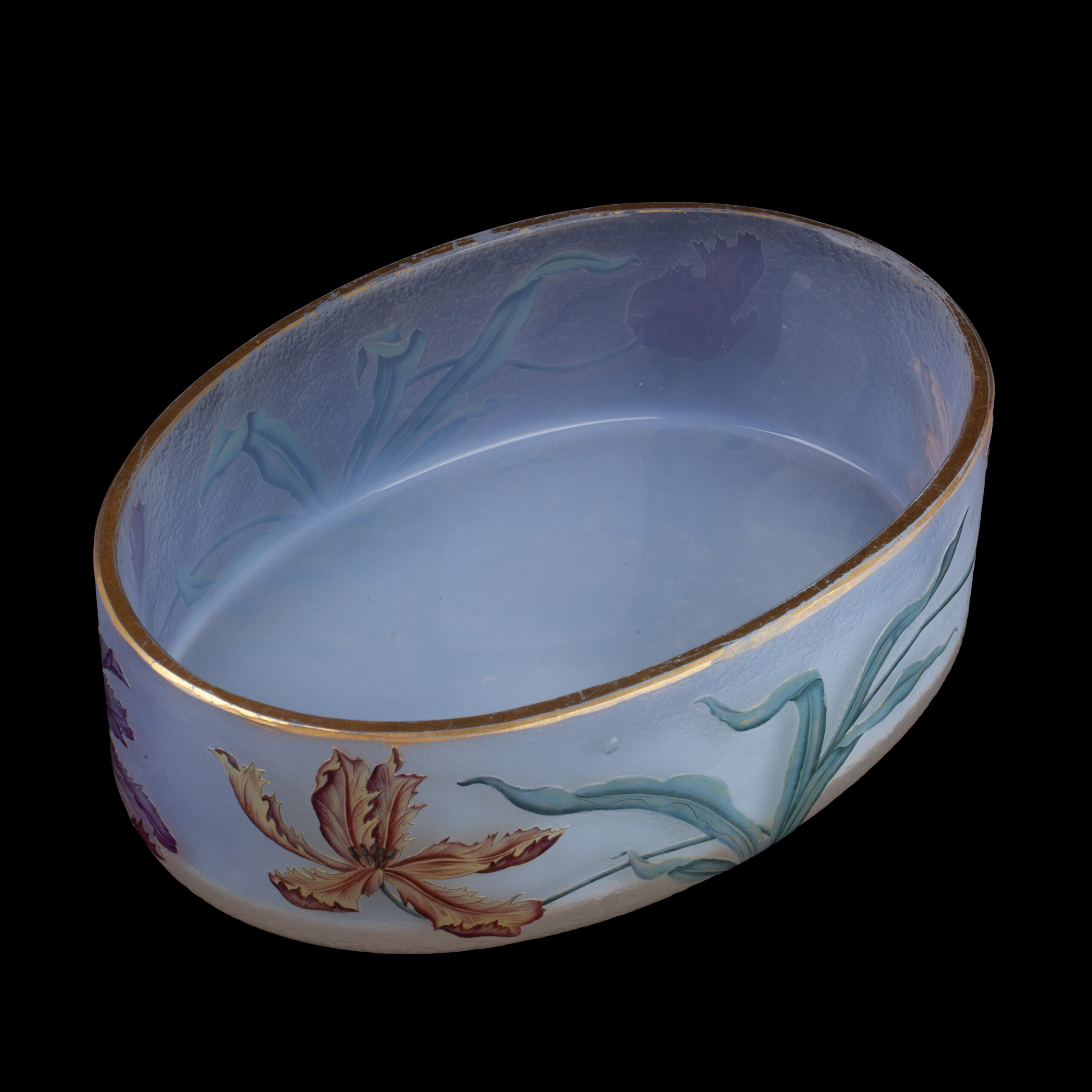 Museum-Quality Daum Nancy Art Nouveau Oval Glass Fruit Bowl with Polychrome Tulips, circa 1900