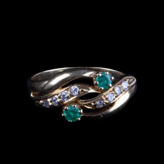 French 18K Yellow Gold Ring with Emeralds and Small Diamonds, 750 Gold